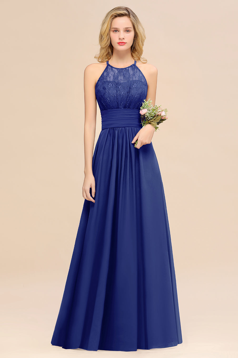 Royal Blue Halter Chiffon A-Line Long Bridesmaid Dress