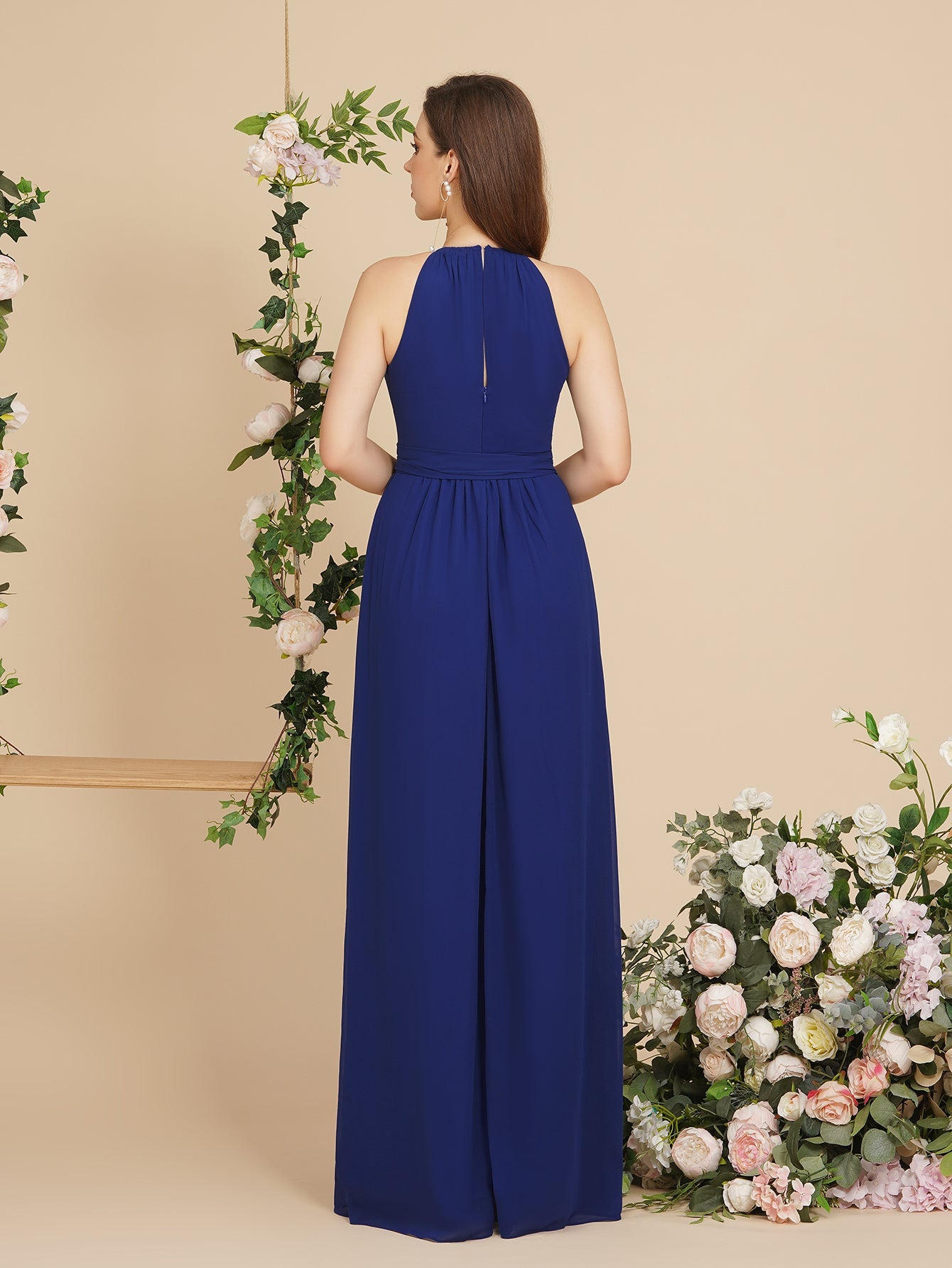 Royal Blue Halter Chiffon A-Line Long Bridesmaid Dress with Bow Back View
