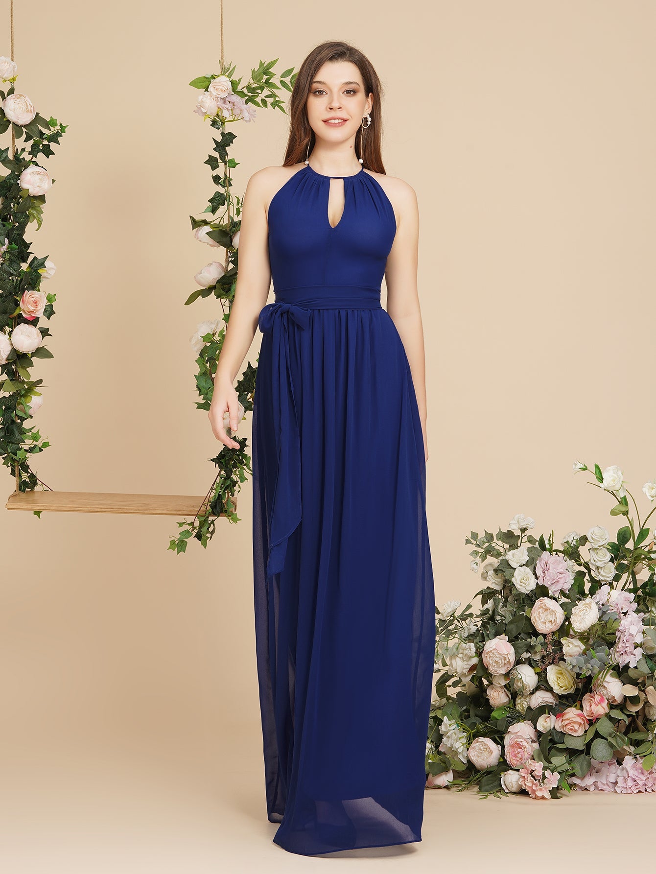 Royal Blue Halter Chiffon A-Line Long Bridesmaid Dress with Bow