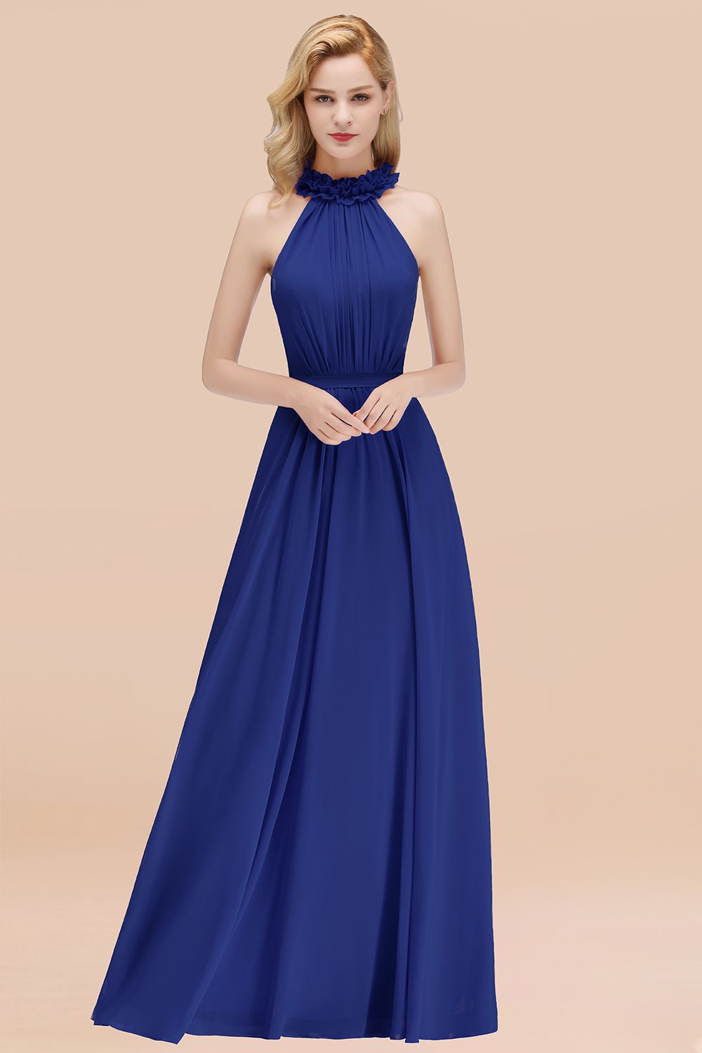 Royal Blue High Neck Chiffon A-Line Long Bridesmaid Dress