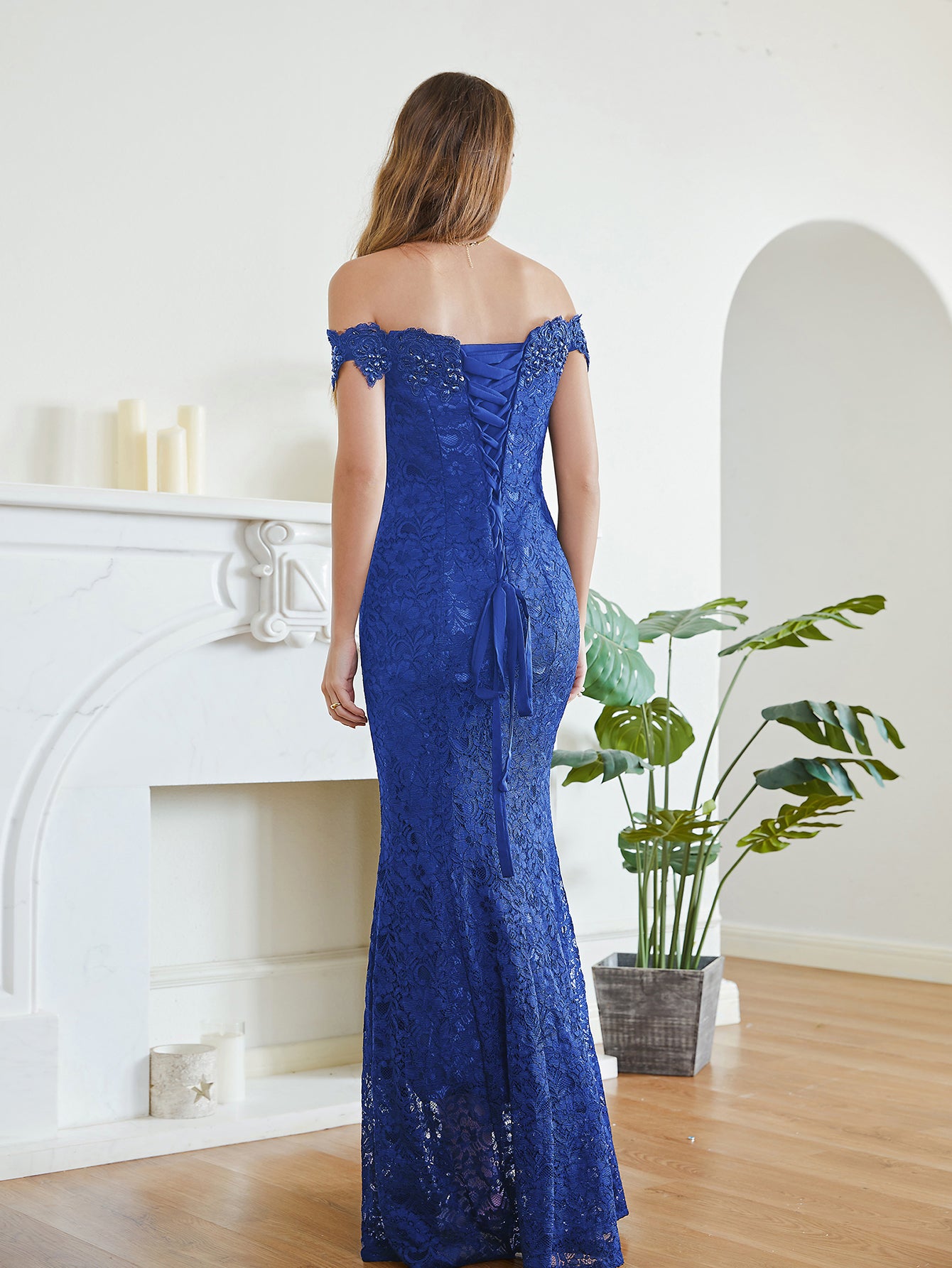 Royal Blue Off The Shoulder Lace Mermaid Long Prom Dress Back View