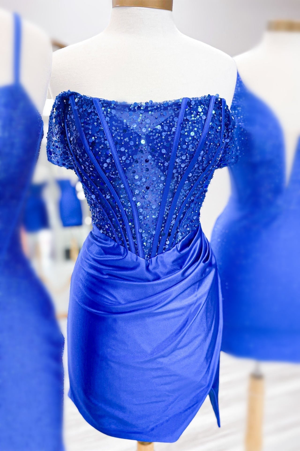 Royal Blue Off The Shoulder Sequin Bodycon Homecoming Dress with Slit