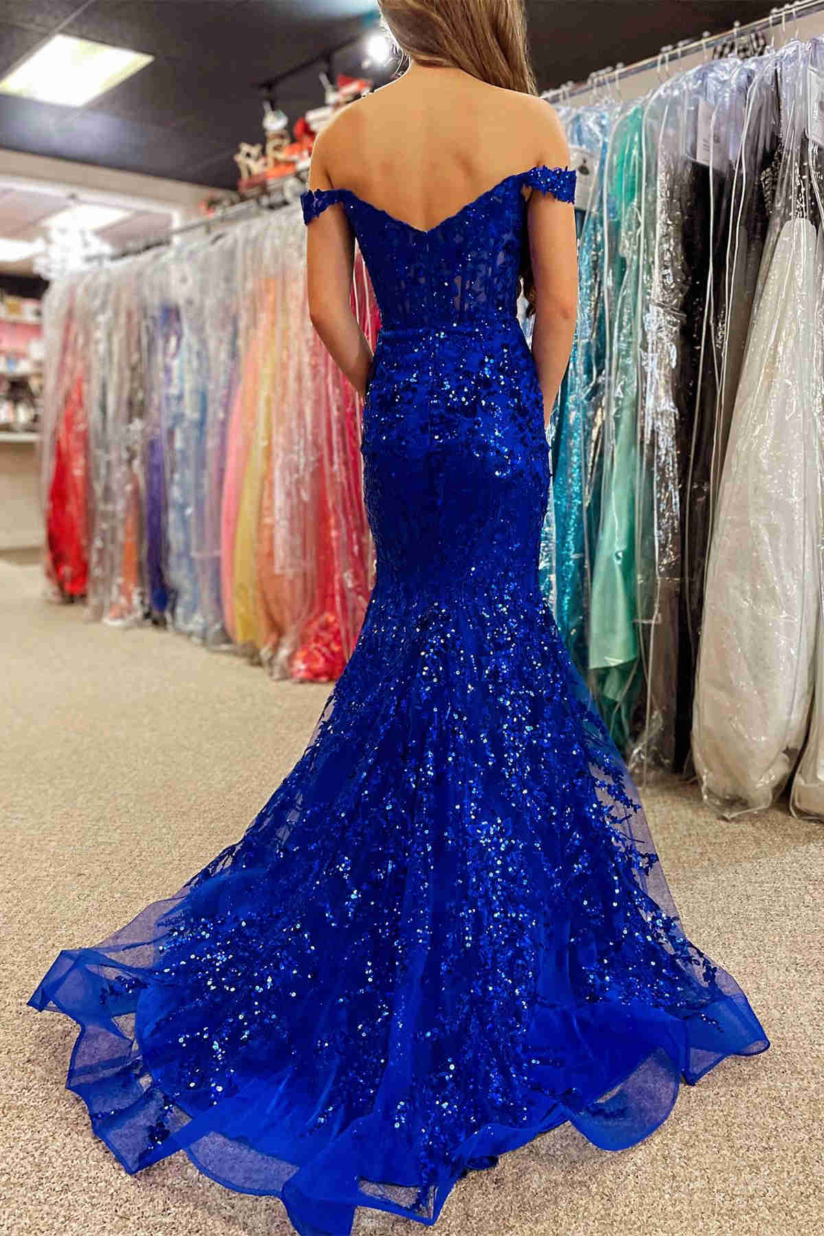 Royal Blue Off The Shoulder Sequin Mermaid Long Prom Dress with Slit Back View
