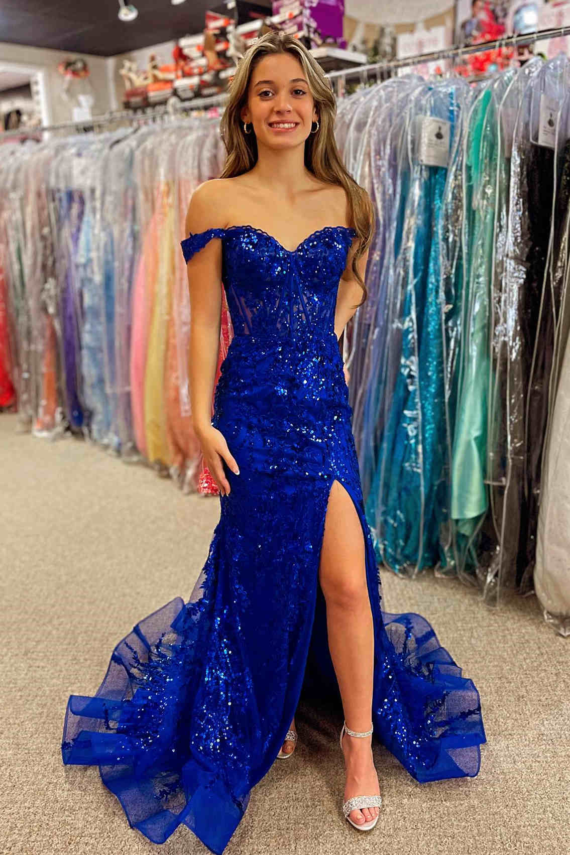 Royal Blue Off The Shoulder Sequin Mermaid Long Prom Dress with Slit