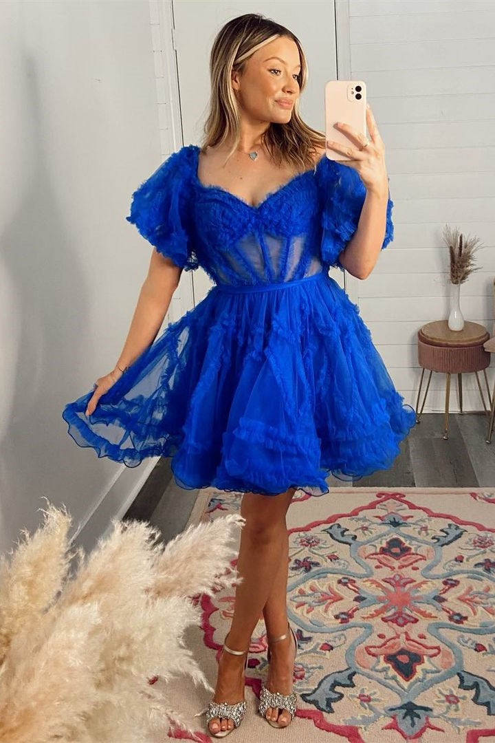 Royal Blue Off The Shoulder Tulle A-Line Homecoming Dress