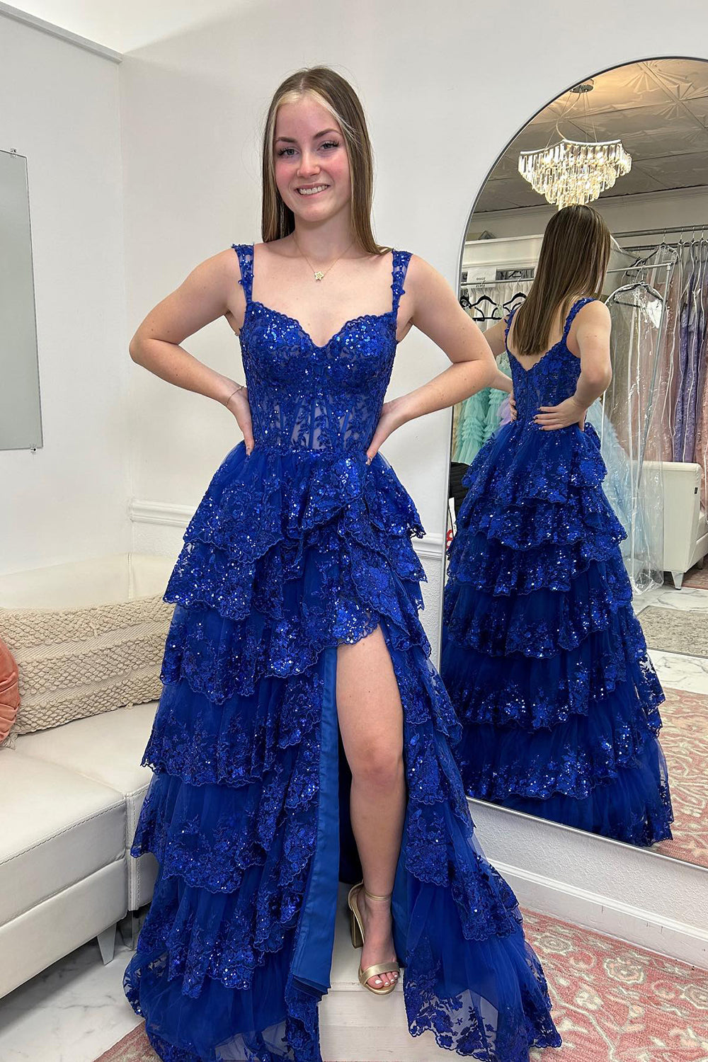 Royal Blue Off The Shoulder Tulle A-Line Long Prom Dress with Slit