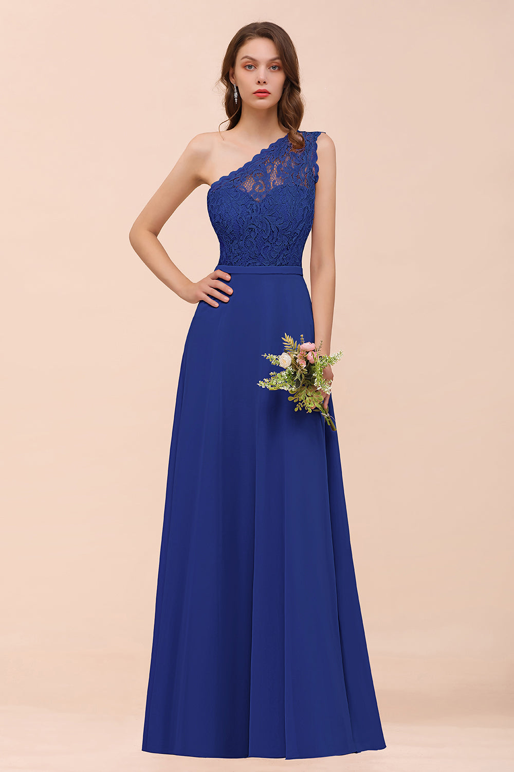 Royal Blue One Shoulder Chiffon A-Line Long Bridesmaid Dress