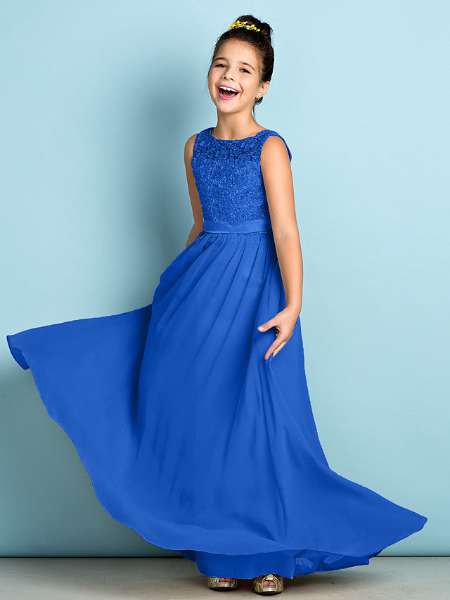 Royal Blue Scoop Neck Chiffon A-Line Flower Girl Dress