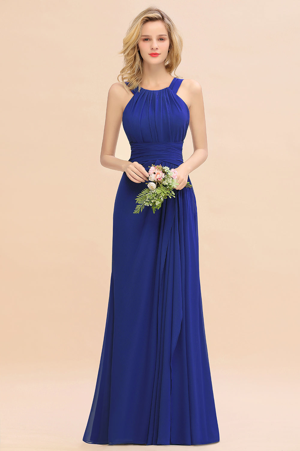 Royal Blue Scoop Neck Chiffon A-Line Long Bridesmaid Dress