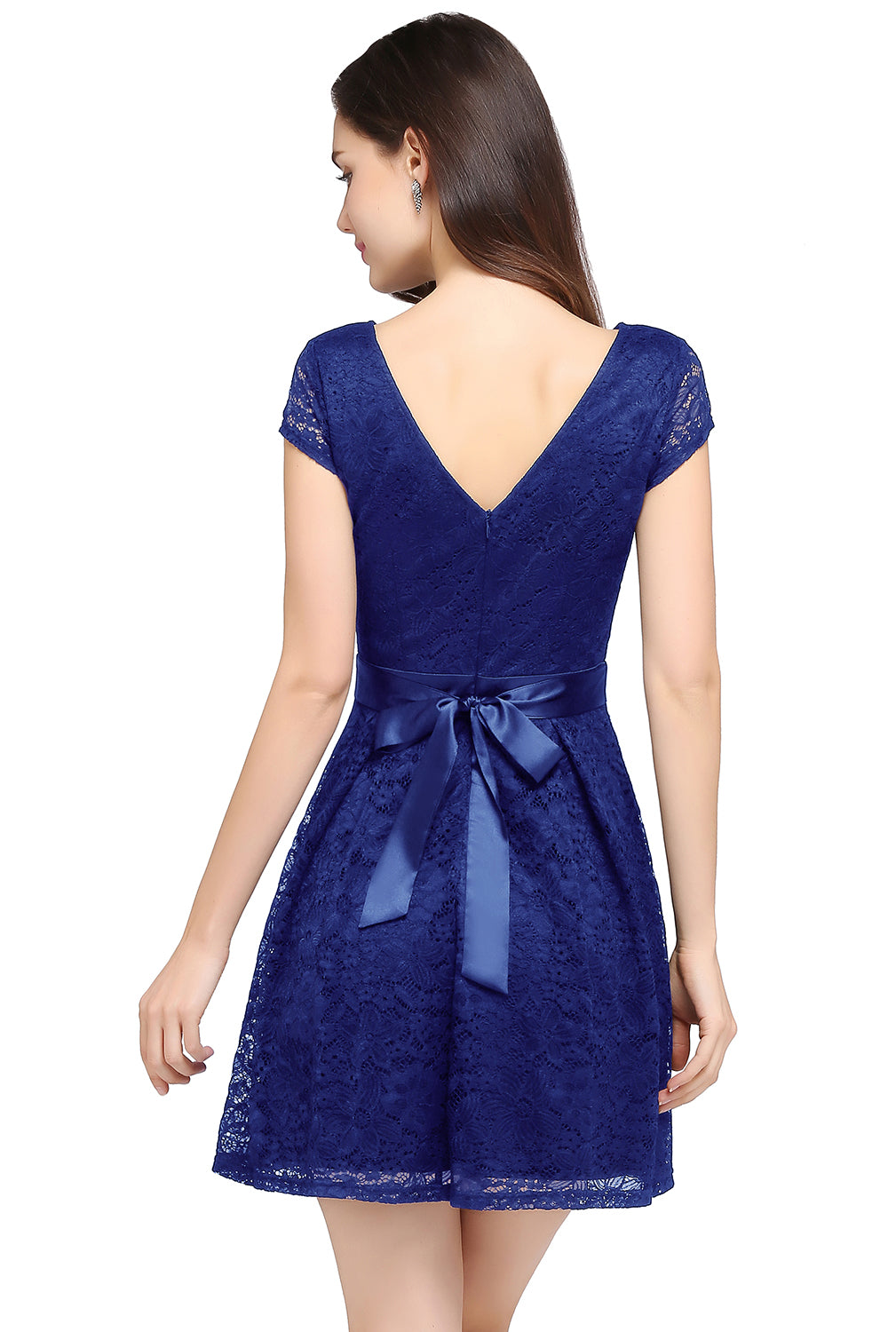 Royal Blue Scoop Neck Lace A-Line Short Bridesmaid Dress Back View