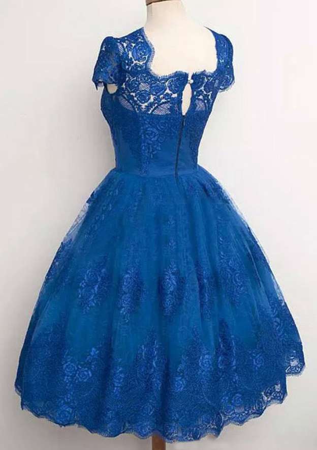 Royal Blue Square Neck Lace A-Line Homecoming Dress Back View