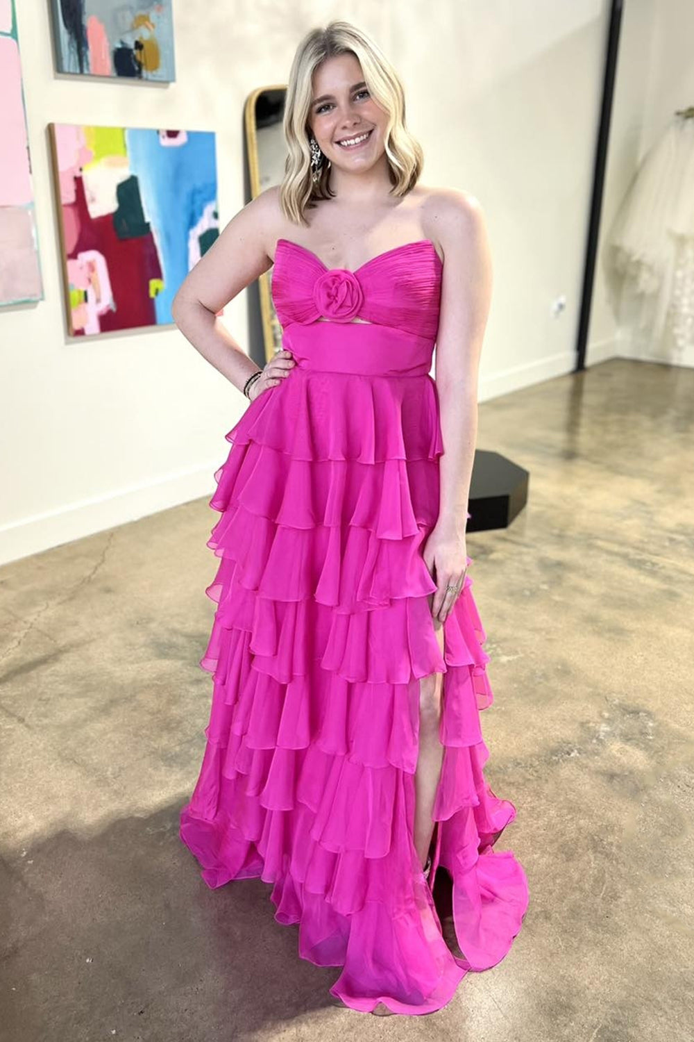 Royal Blue Sweetheart Chiffon A-Line Tiered Long Prom Dress with Slit