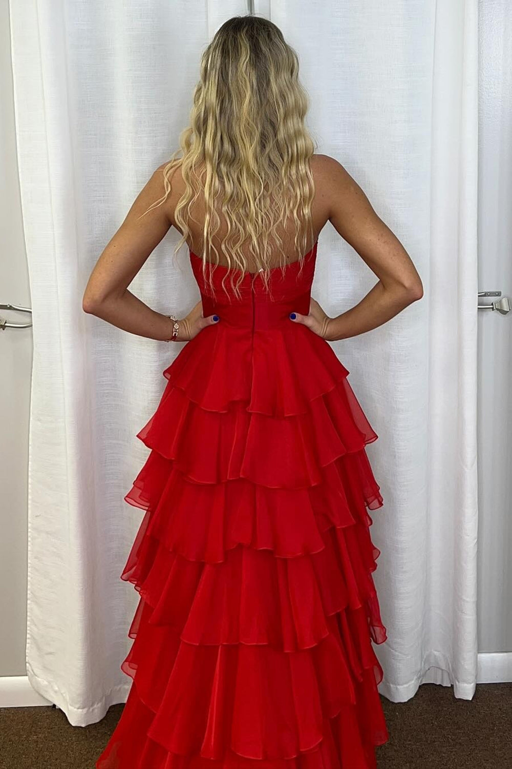 Royal Blue Sweetheart Chiffon A-Line Tiered Long Prom Dress with Slit