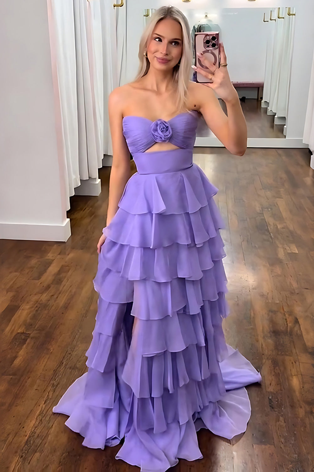Royal Blue Sweetheart Chiffon A-Line Tiered Long Prom Dress with Slit