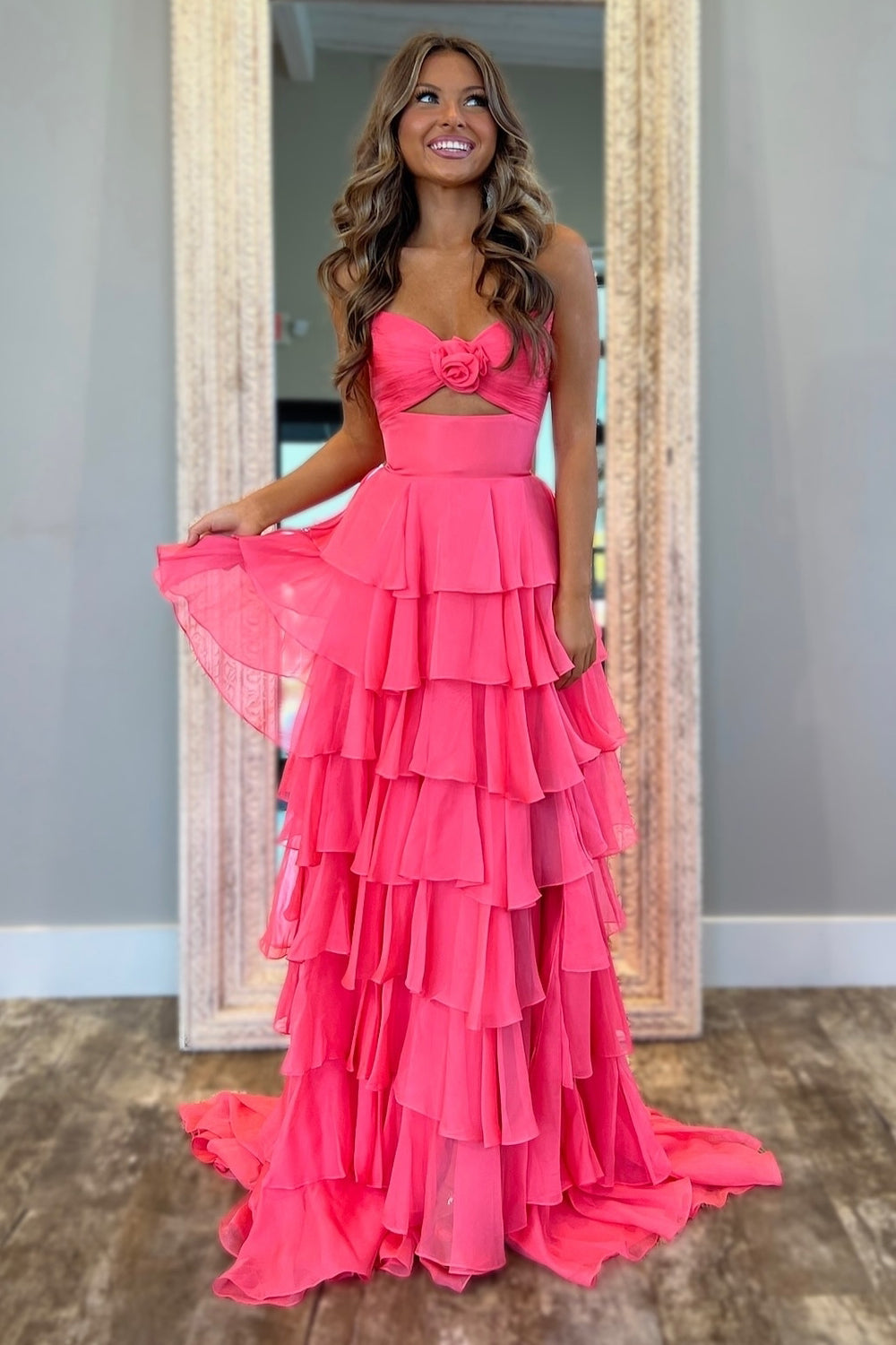 Royal Blue Sweetheart Chiffon A-Line Tiered Long Prom Dress with Slit