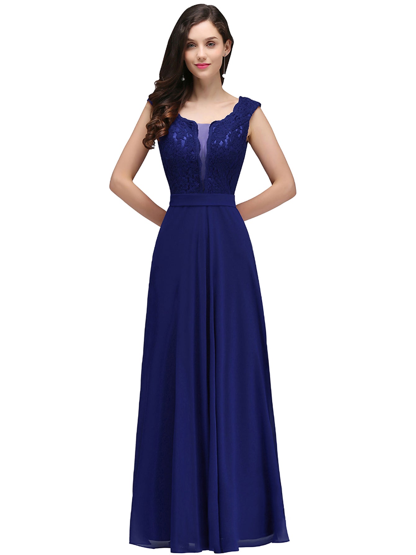 Royal Blue V-Neck Chiffon A-Line Long Bridesmaid Dress