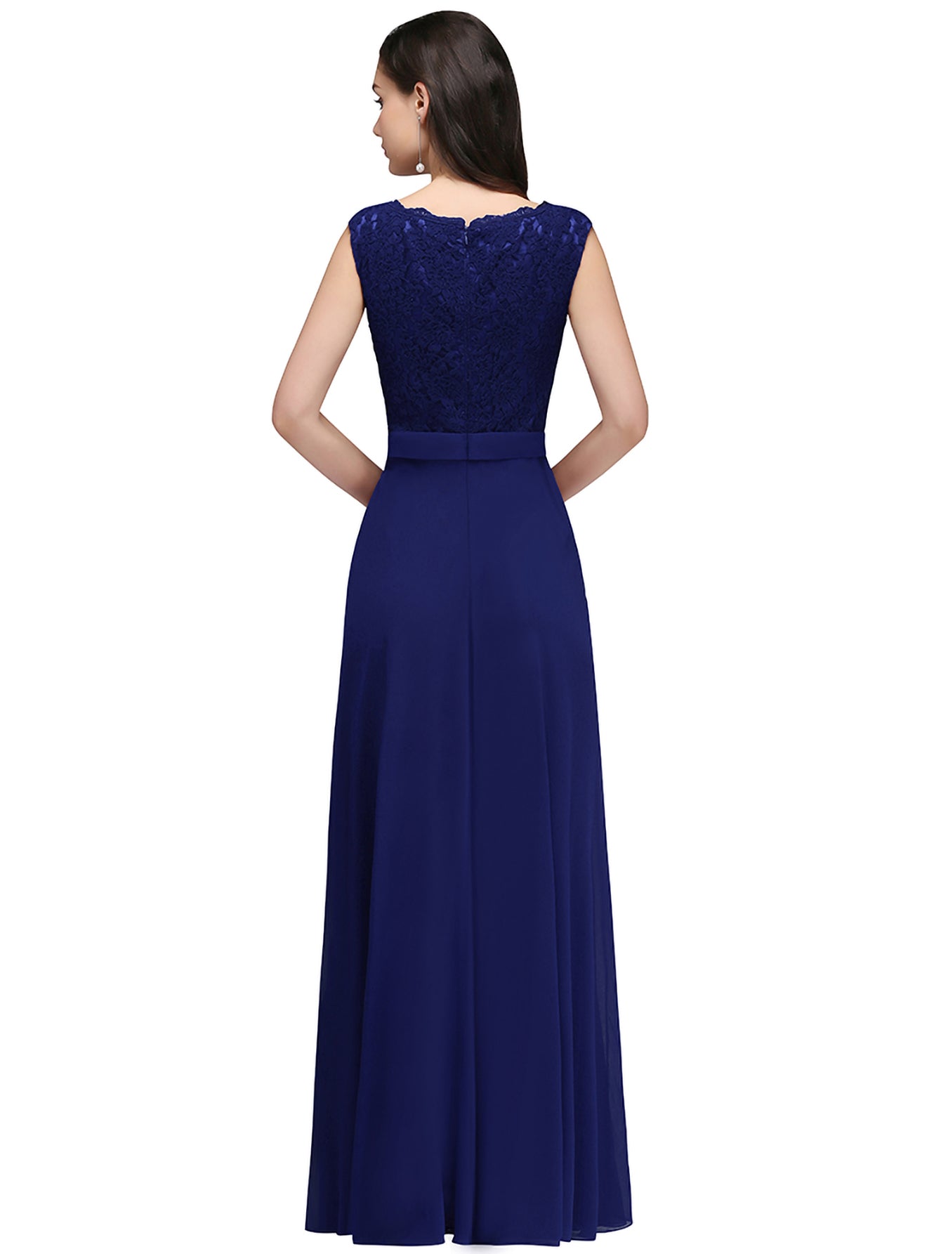 Royal Blue V-Neck Chiffon A-Line Long Bridesmaid Dress Back View