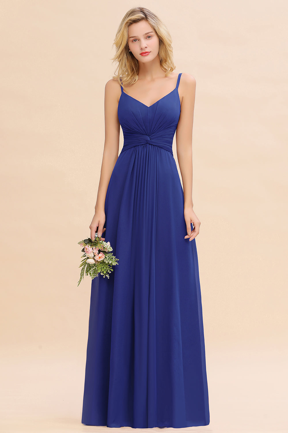 Royal Blue V-Neck Chiffon A-Line Long Bridesmaid Dress with Ruching