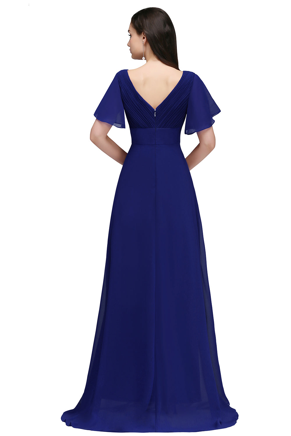Royal Blue V-Neck Chiffon Empire Long Bridesmaid Dress Back View