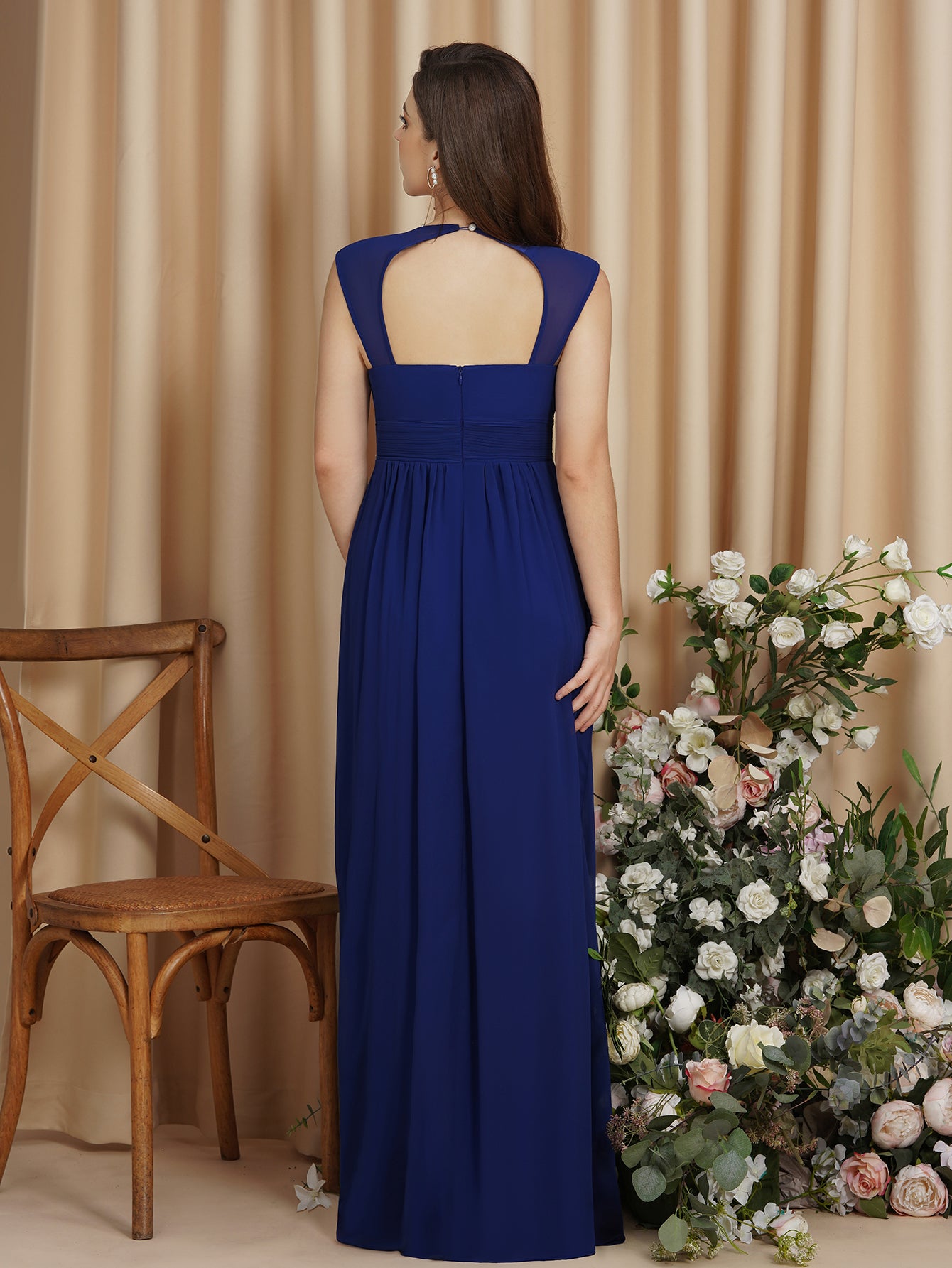 Royal Blue V-Neck Chiffon Empire Long Bridesmaid Dress with Rhinestones Back View
