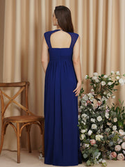 Royal Blue V-Neck Chiffon Empire Long Bridesmaid Dress with Rhinestones Back View