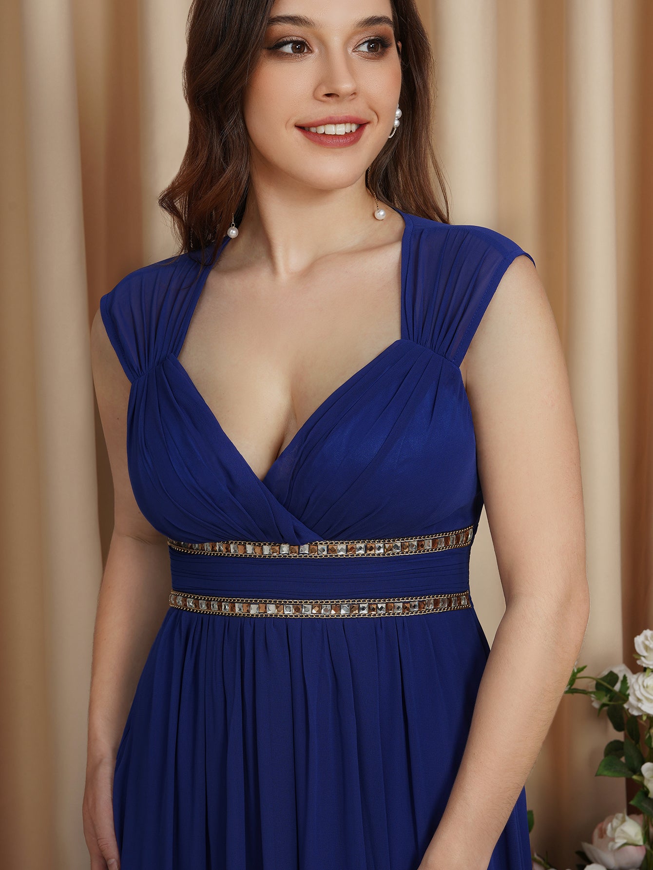 Royal Blue V-Neck Chiffon Empire Long Bridesmaid Dress with Rhinestones Bodice Detail