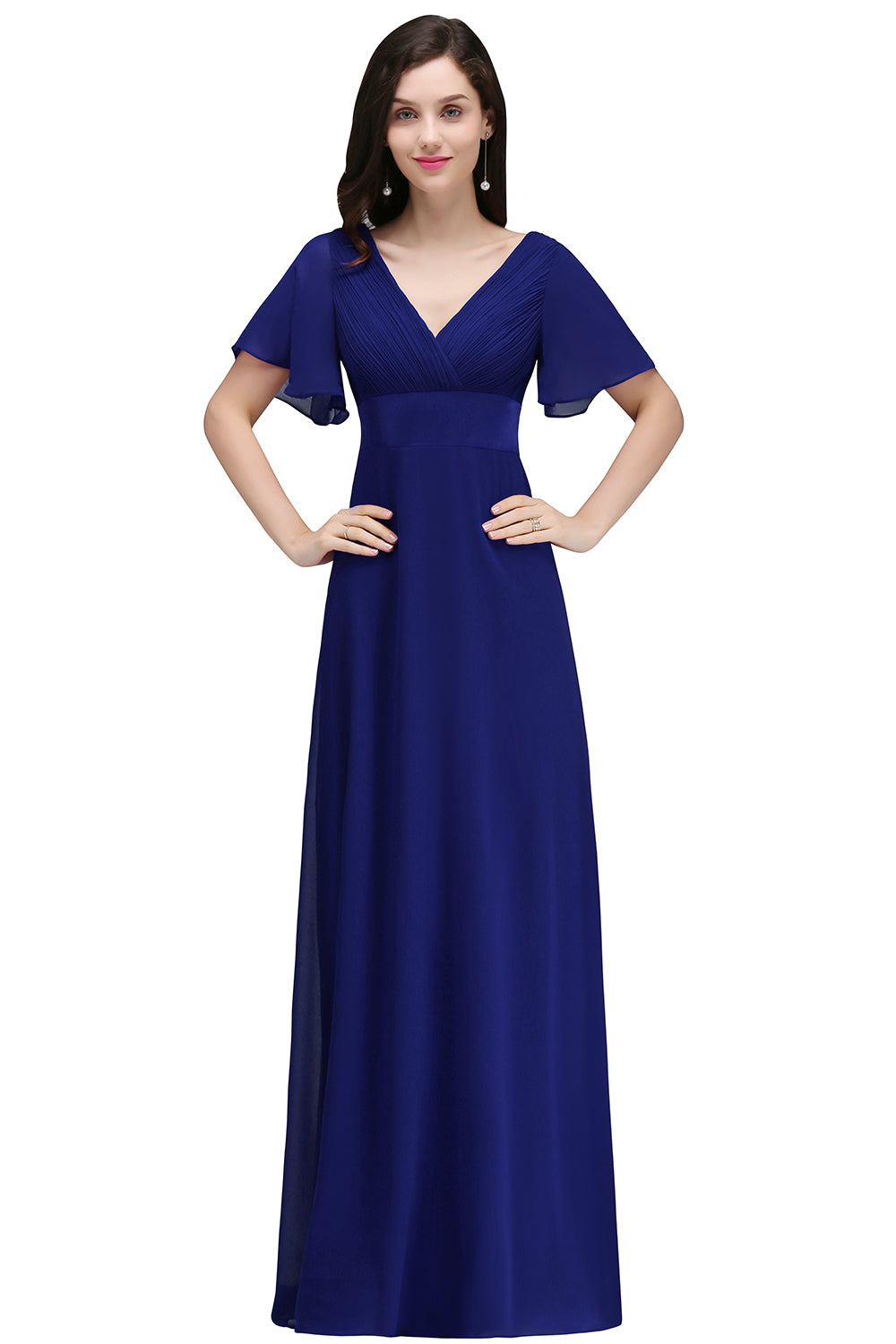 Royal Blue V-Neck Chiffon Empire Long Bridesmaid Dress