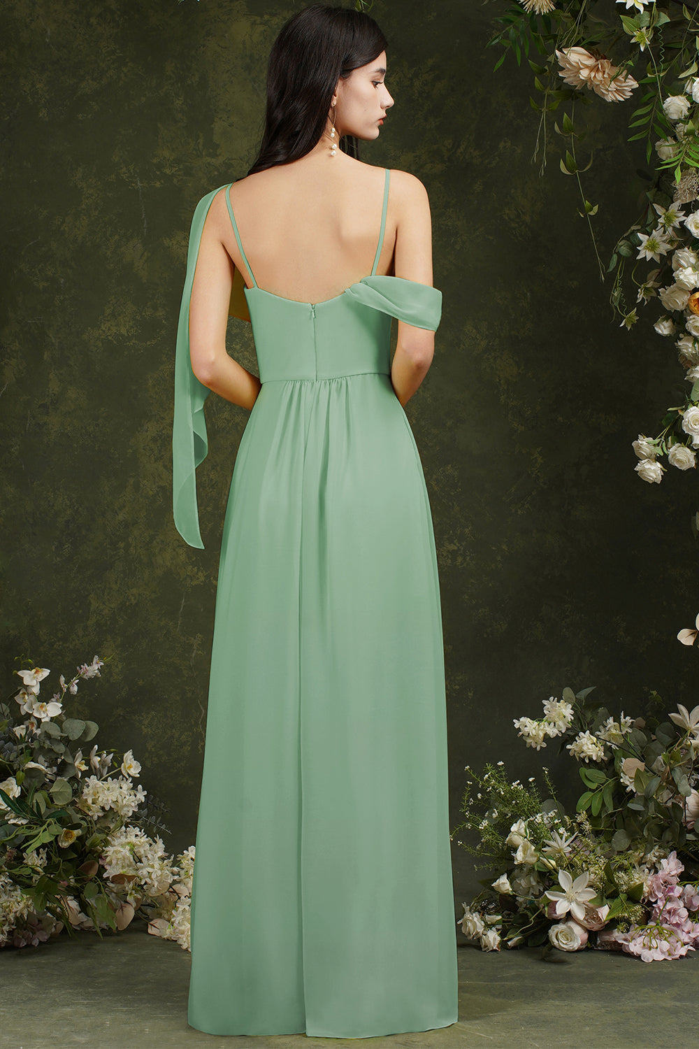 Sage Cowl Neck Chiffon A-Line Long Bridesmaid Dress with Slit Back View