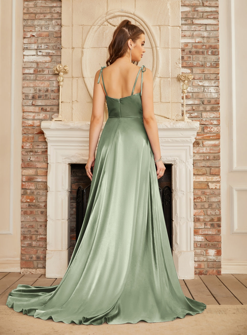 Sage Cowl Neck Satin A-Line Long Prom Dress with Bow Back View