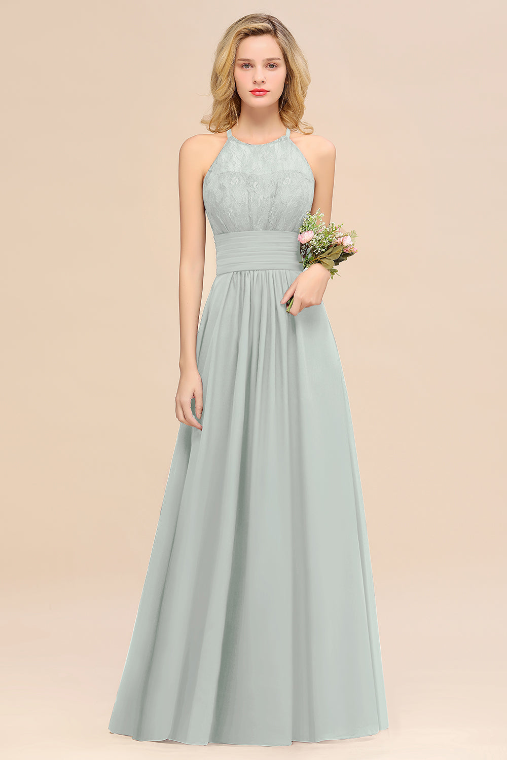 Sage Halter Chiffon A-Line Long Bridesmaid Dress