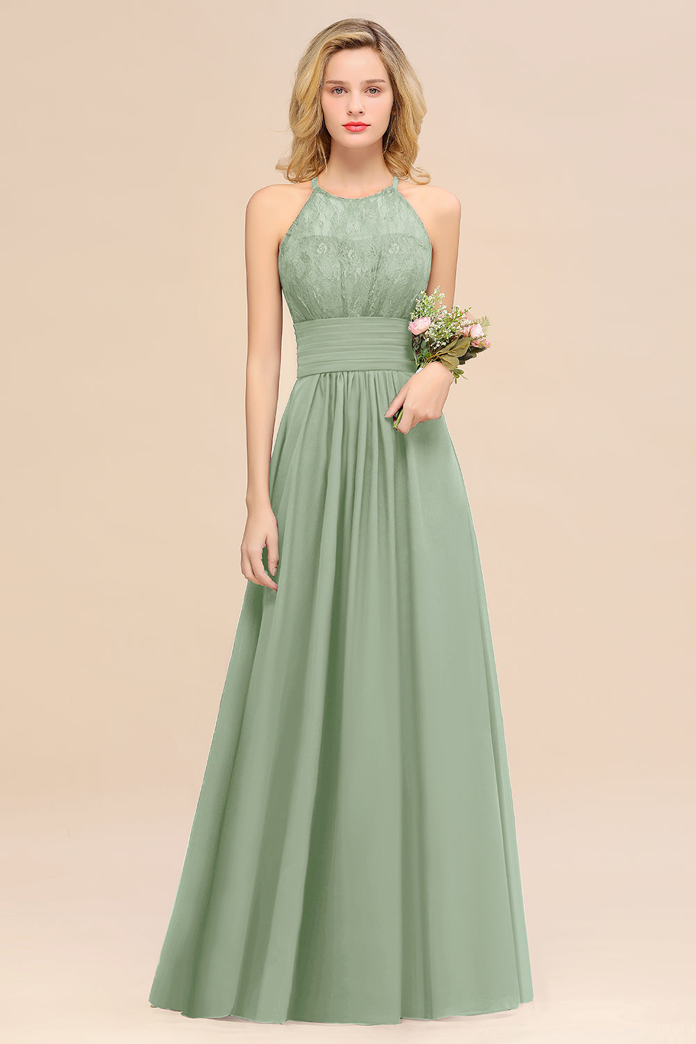 Sage Halter Chiffon A-Line Long Bridesmaid Dress