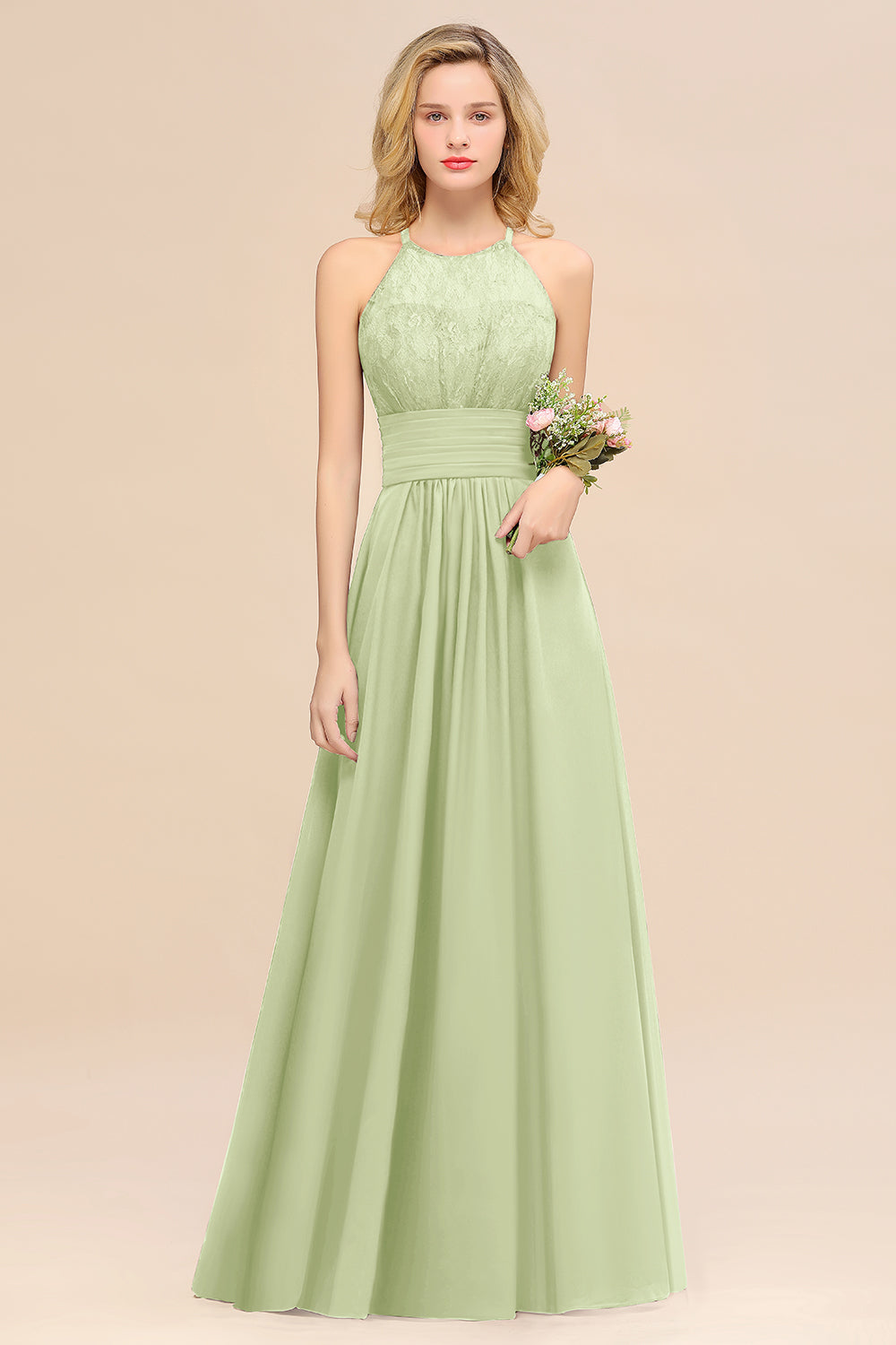 Sage Halter Chiffon A-Line Long Bridesmaid Dress