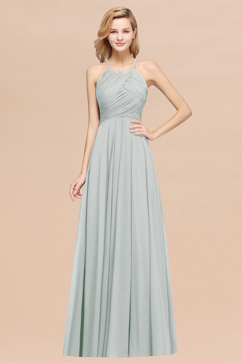 Sage Halter Chiffon A-Line Long Bridesmaid Dress with Ruching