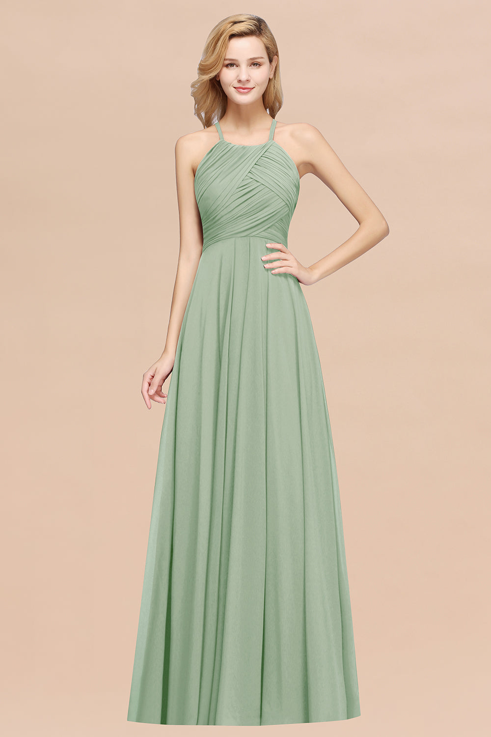 Sage Halter Chiffon A-Line Long Bridesmaid Dress with Ruching