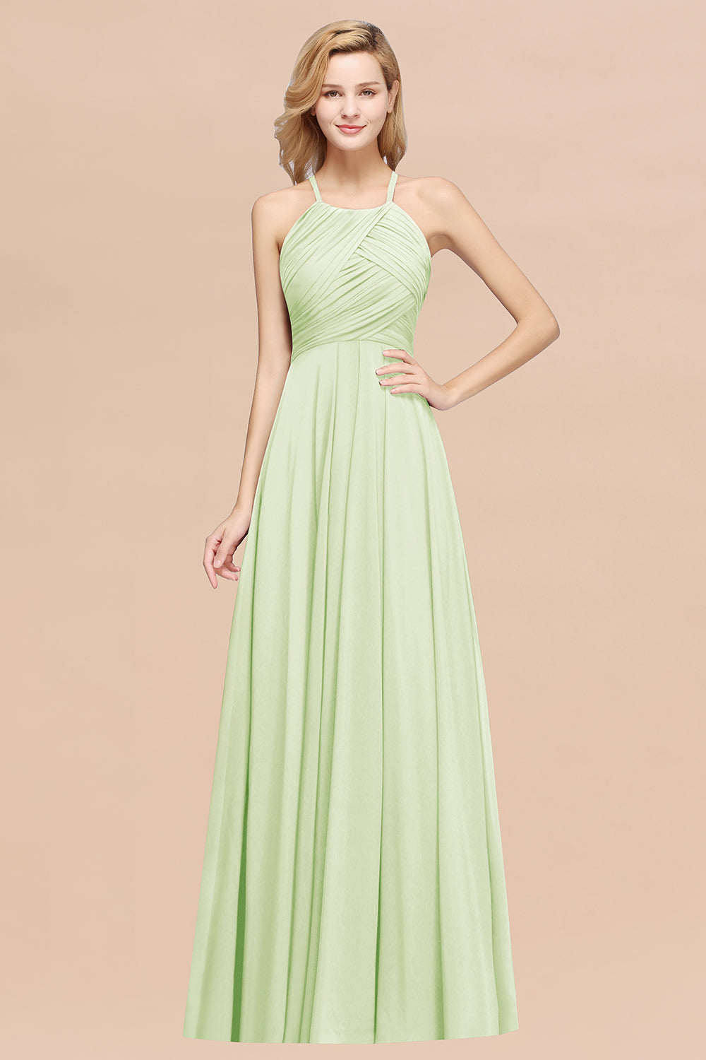Sage Halter Chiffon A-Line Long Bridesmaid Dress with Ruching