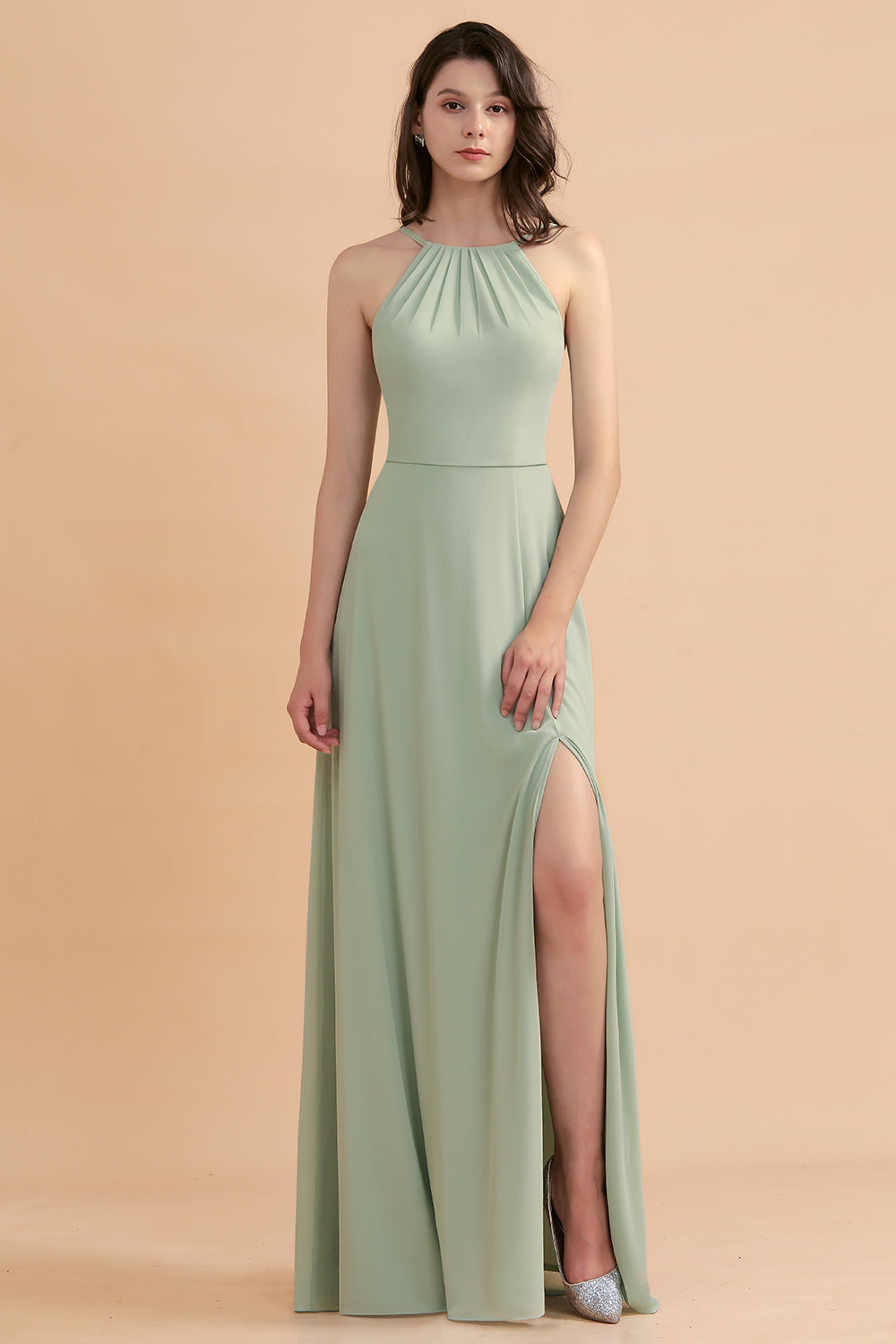 Sage Halter Chiffon A-Line Long Bridesmaid Dress with Slit