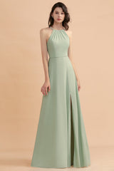 Sage Halter Chiffon A-Line Long Bridesmaid Dress with Slit