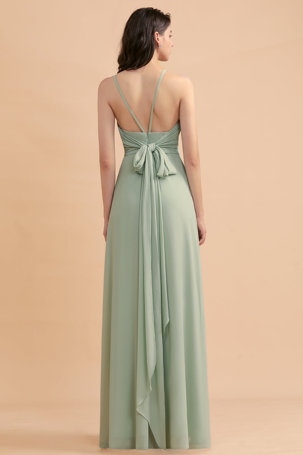Sage Halter Chiffon A-Line Long Bridesmaid Dress with Slit Back View