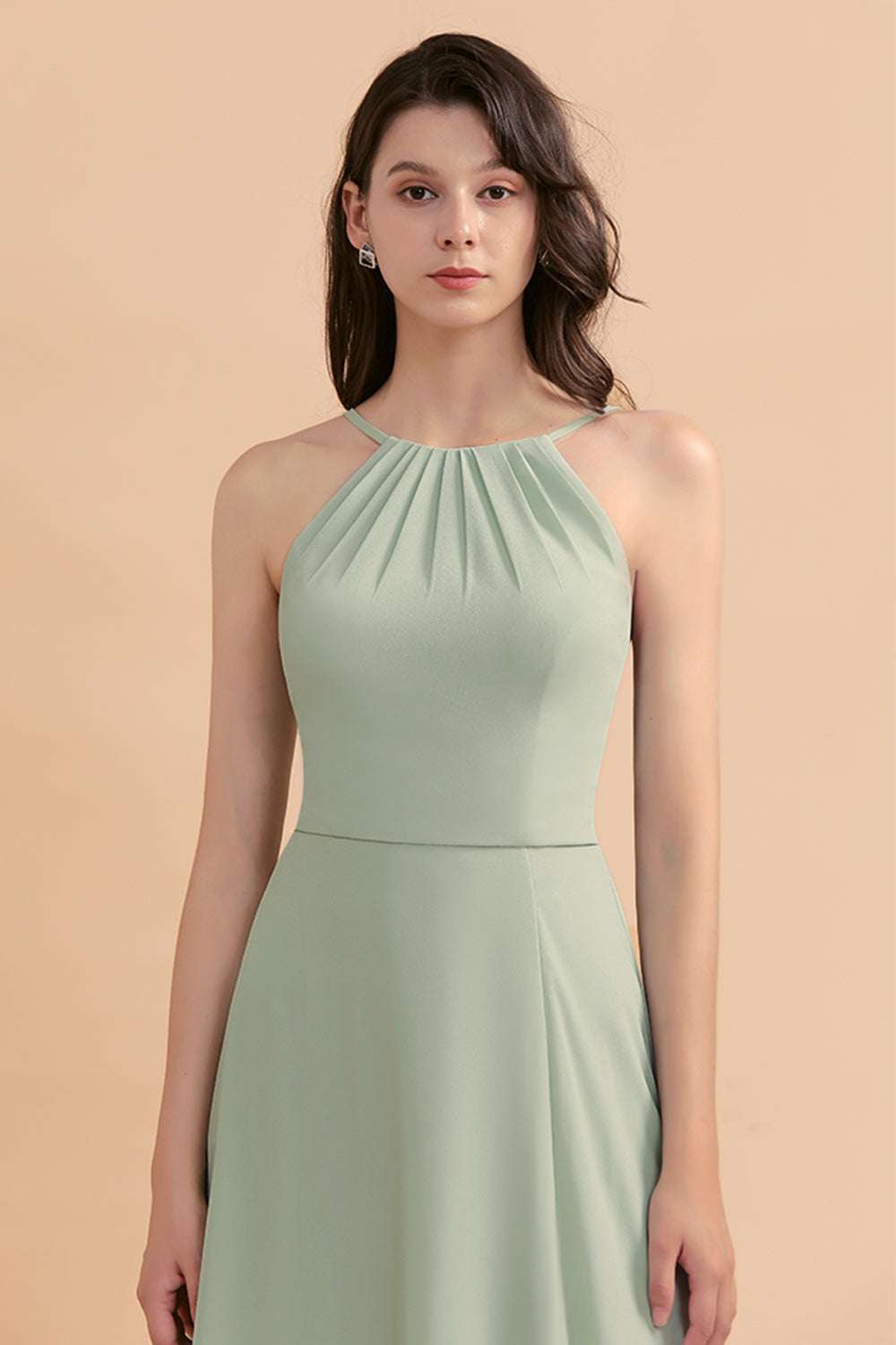 Sage Halter Chiffon A-Line Long Bridesmaid Dress with Slit Bodice Detail