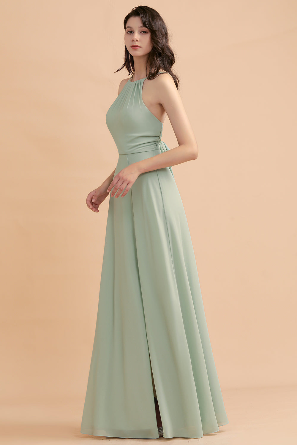 Sage Halter Chiffon A-Line Long Bridesmaid Dress with Slit Side View