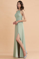 Sage Halter Chiffon A-Line Long Bridesmaid Dress with Slit Side View