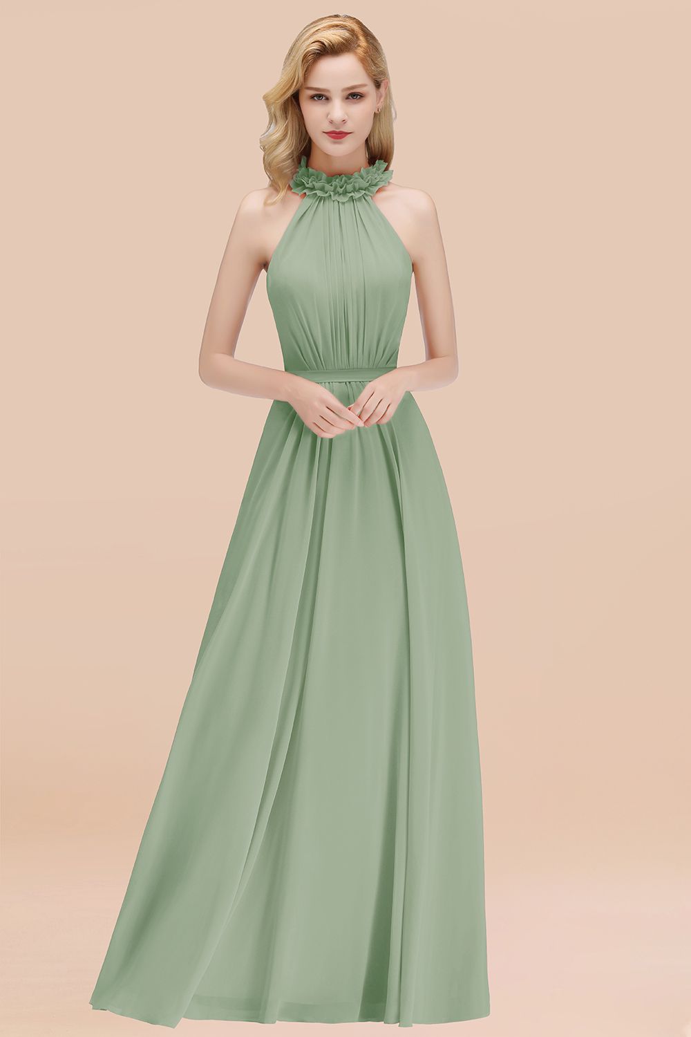 Sage High Neck Chiffon A-Line Long Bridesmaid Dress