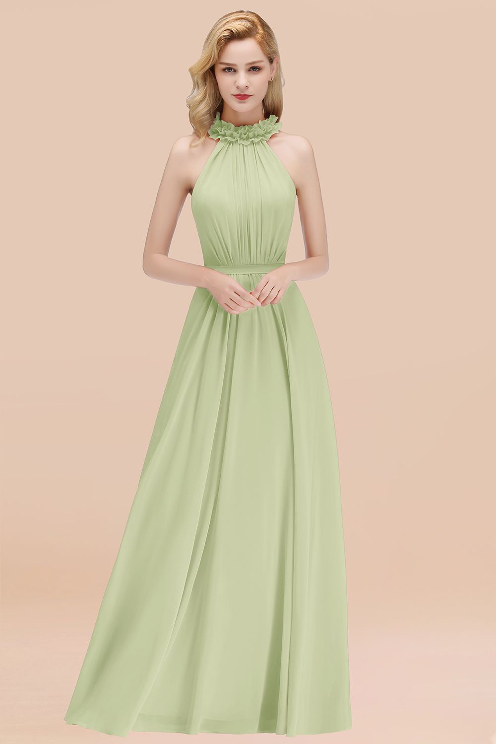 Sage High Neck Chiffon A-Line Long Bridesmaid Dress