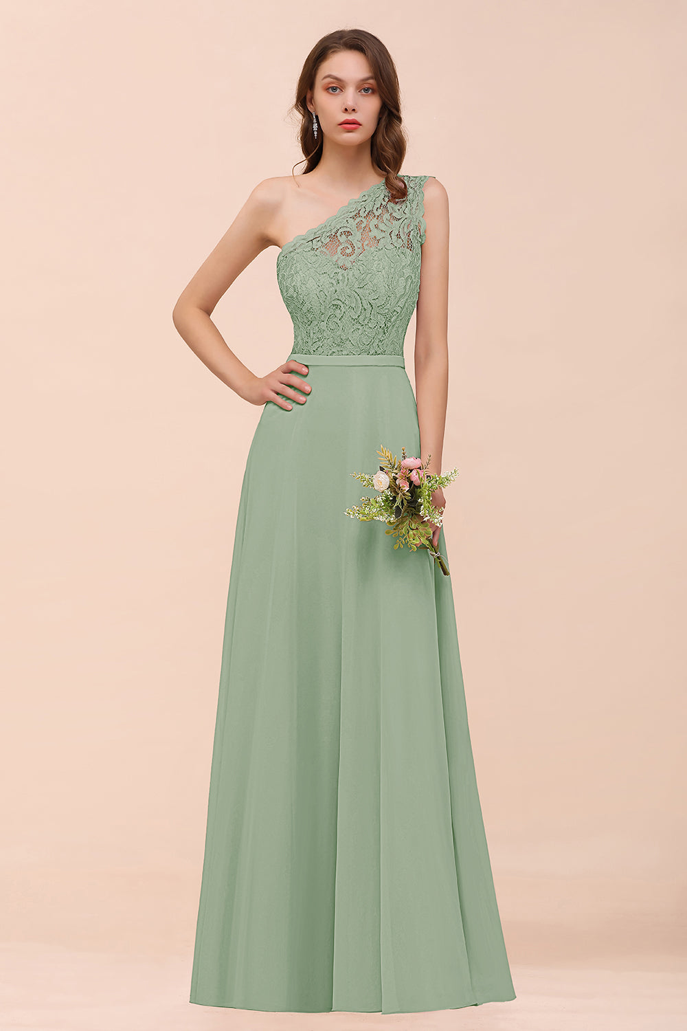 Sage One Shoulder Chiffon A-Line Long Bridesmaid Dress
