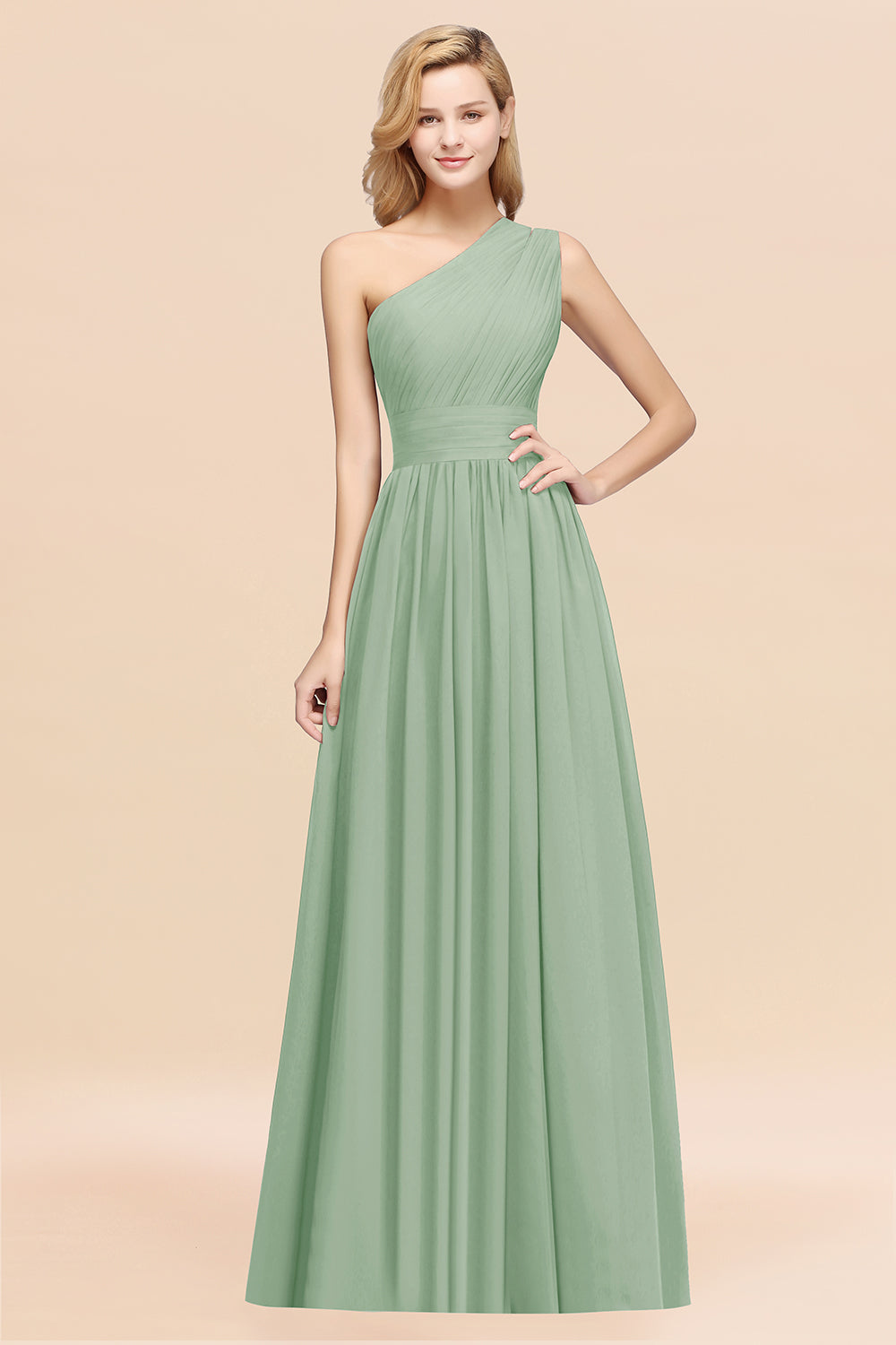 Sage One Shoulder Chiffon A-Line Long Bridesmaid Dress