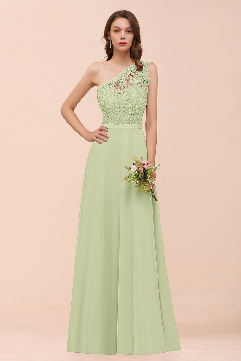 Sage One Shoulder Chiffon A-Line Long Bridesmaid Dress