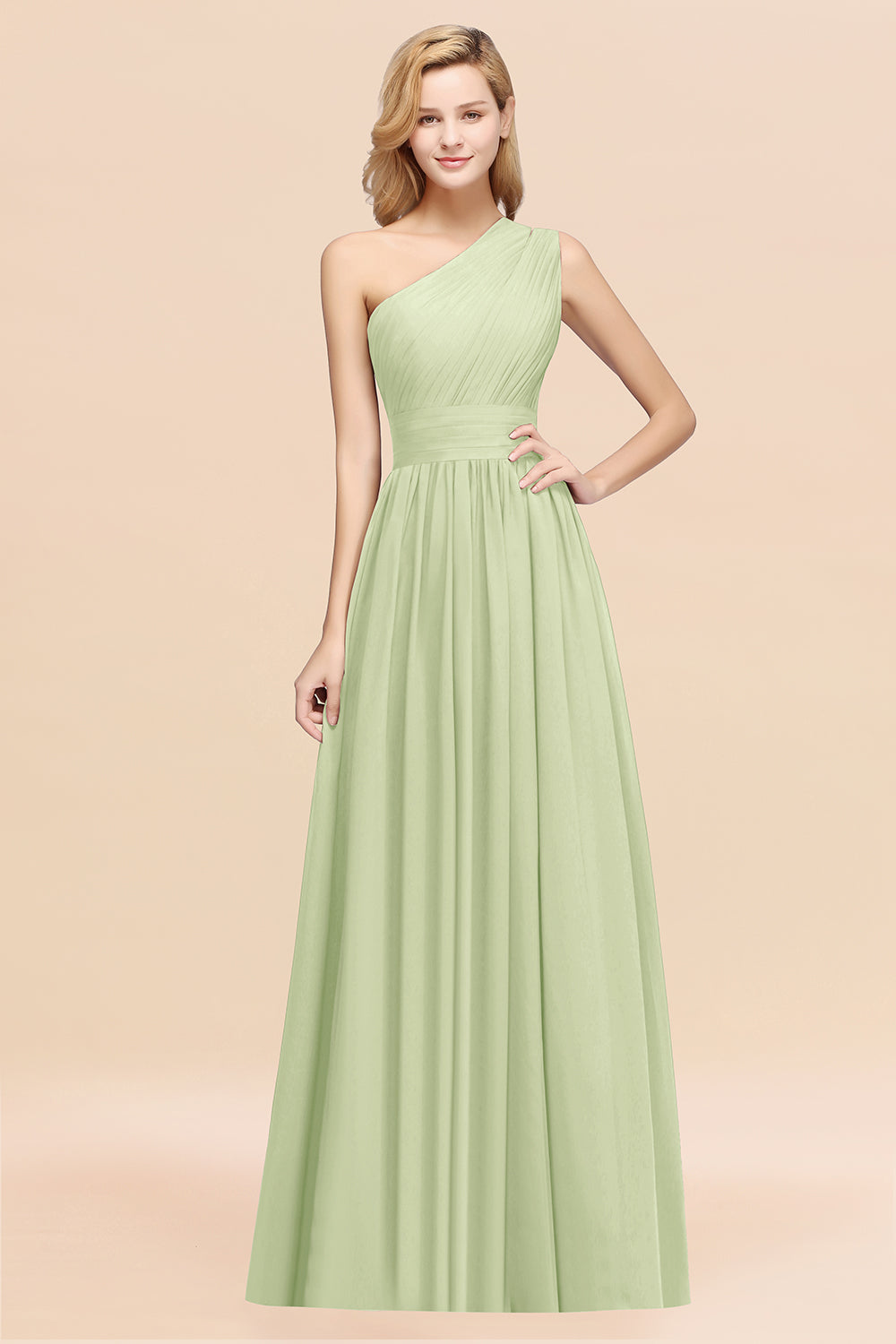 Sage One Shoulder Chiffon A-Line Long Bridesmaid Dress