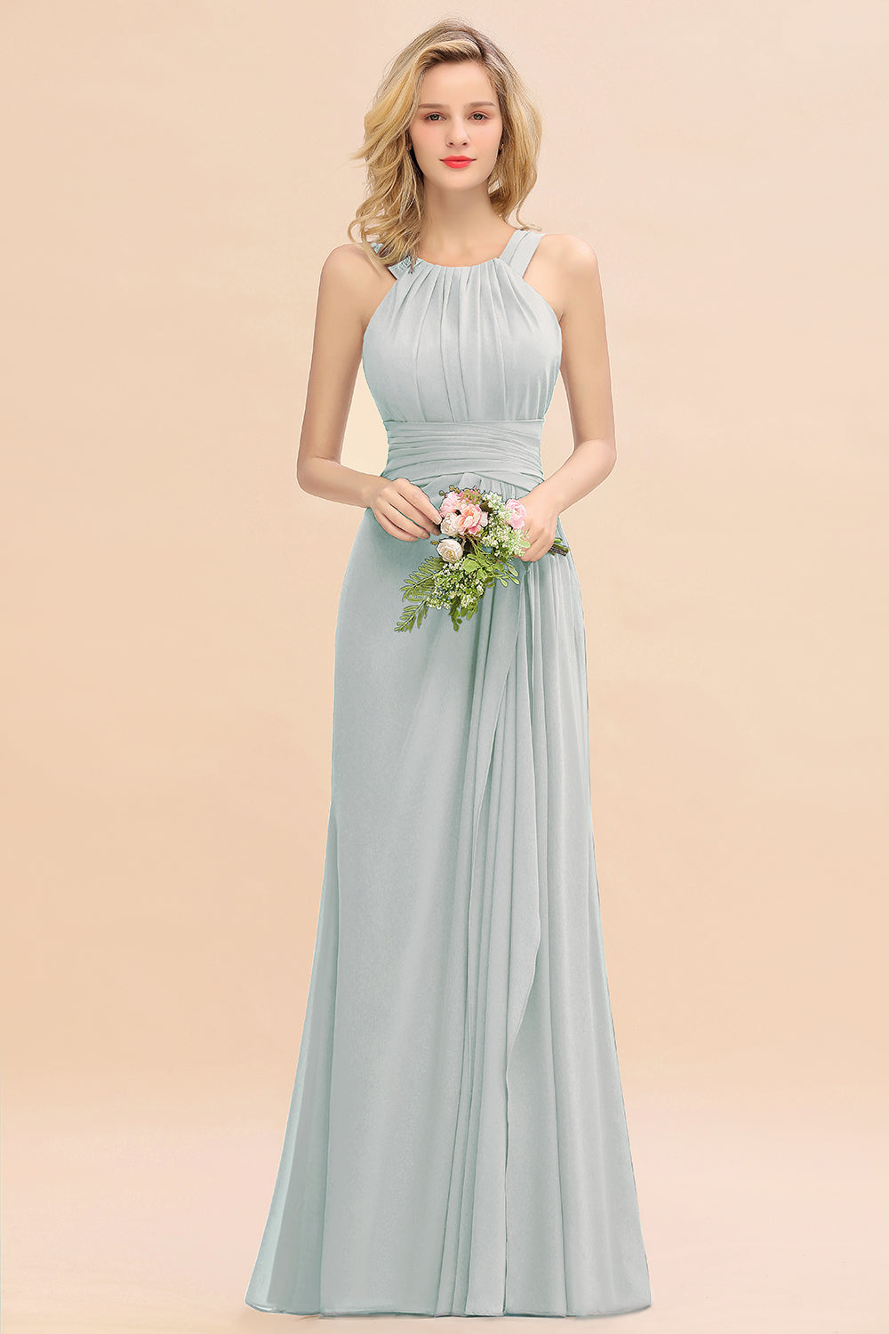 Sage Scoop Neck Chiffon A-Line Long Bridesmaid Dress