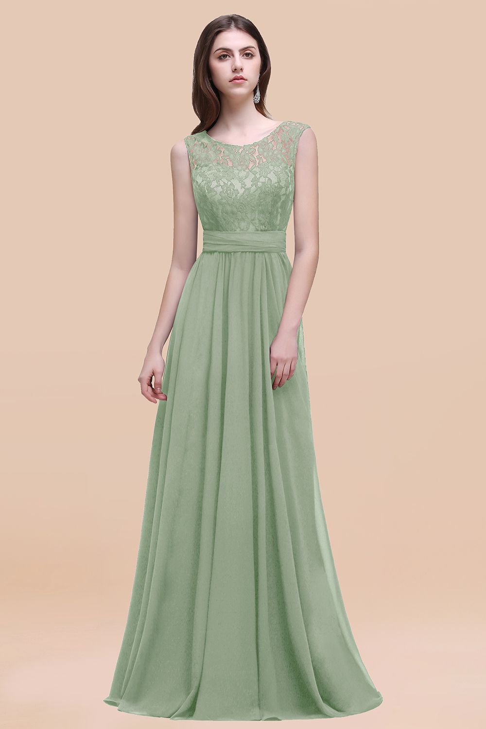Sage Scoop Neck Chiffon A-Line Long Bridesmaid Dress