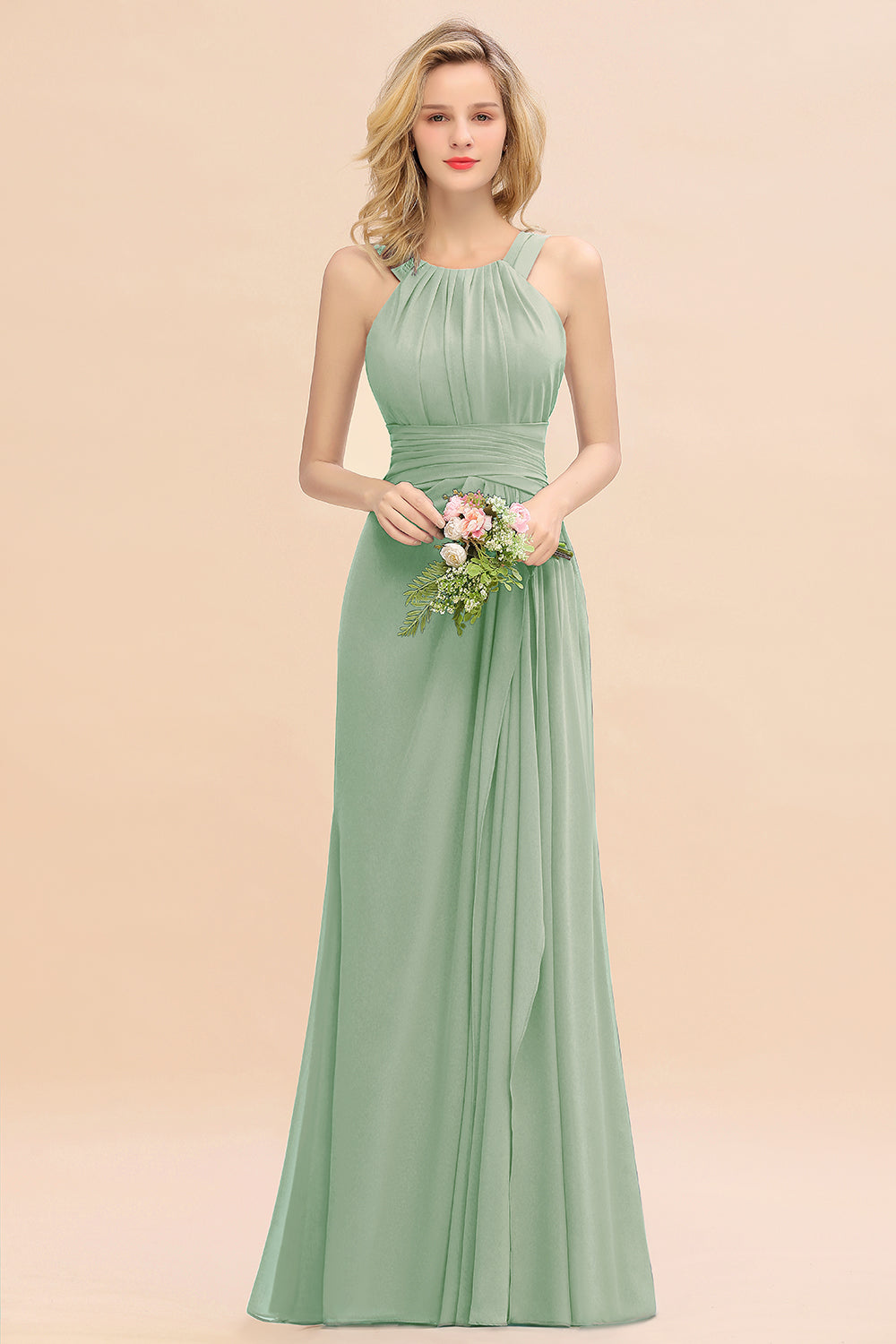 Sage Scoop Neck Chiffon A-Line Long Bridesmaid Dress